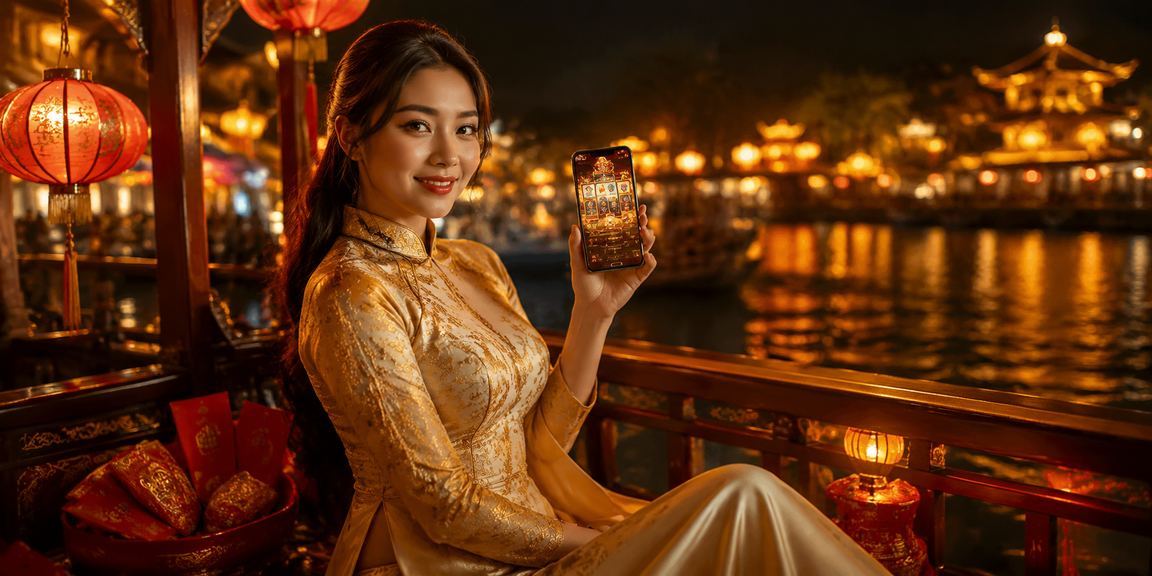 Người dùng tại Huế trải nghiệm Slot Game trên điện thoại với trang phục áo dài